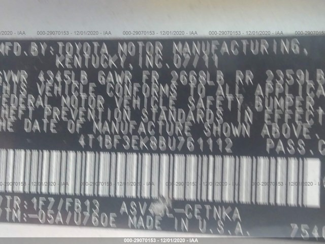 Photo 8 VIN: 4T1BF3EK8BU761112 - TOYOTA CAMRY 