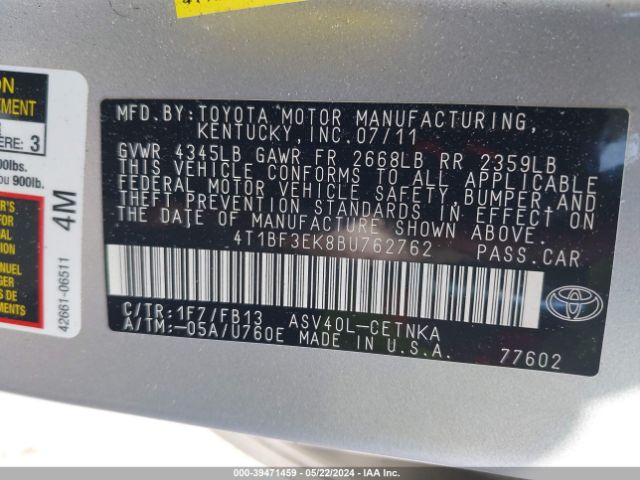 Photo 8 VIN: 4T1BF3EK8BU762762 - TOYOTA CAMRY 