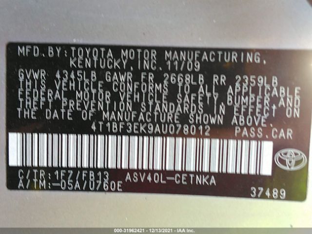 Photo 8 VIN: 4T1BF3EK9AU078012 - TOYOTA CAMRY 