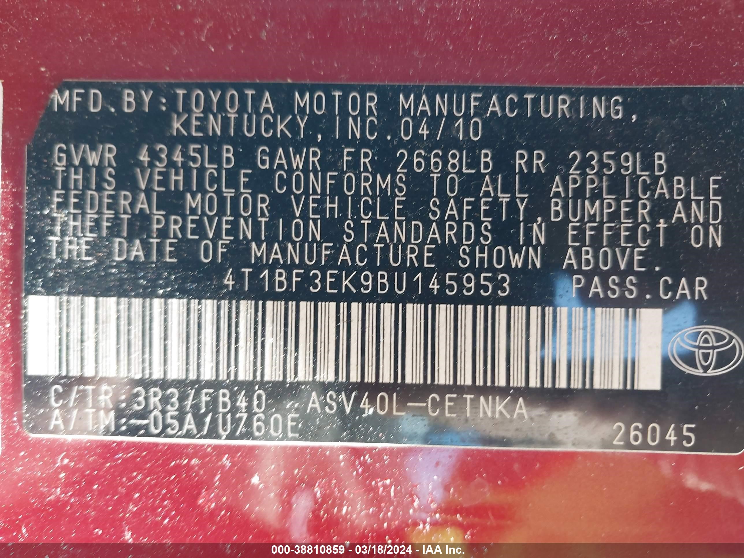 Photo 8 VIN: 4T1BF3EK9BU145953 - TOYOTA CAMRY 