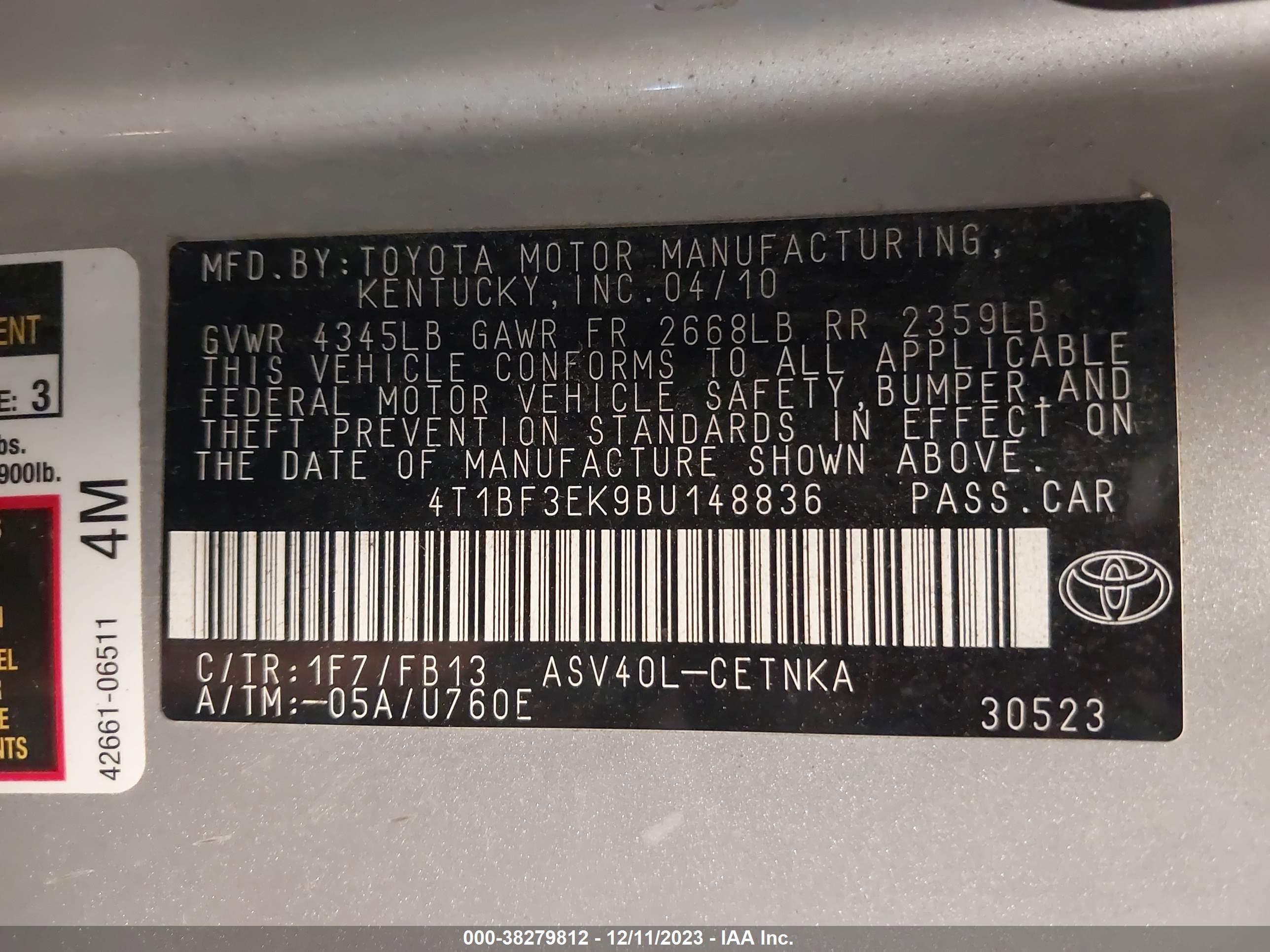 Photo 8 VIN: 4T1BF3EK9BU148836 - TOYOTA CAMRY 