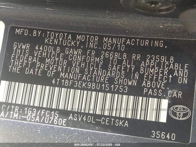 Photo 8 VIN: 4T1BF3EK9BU151753 - TOYOTA CAMRY 