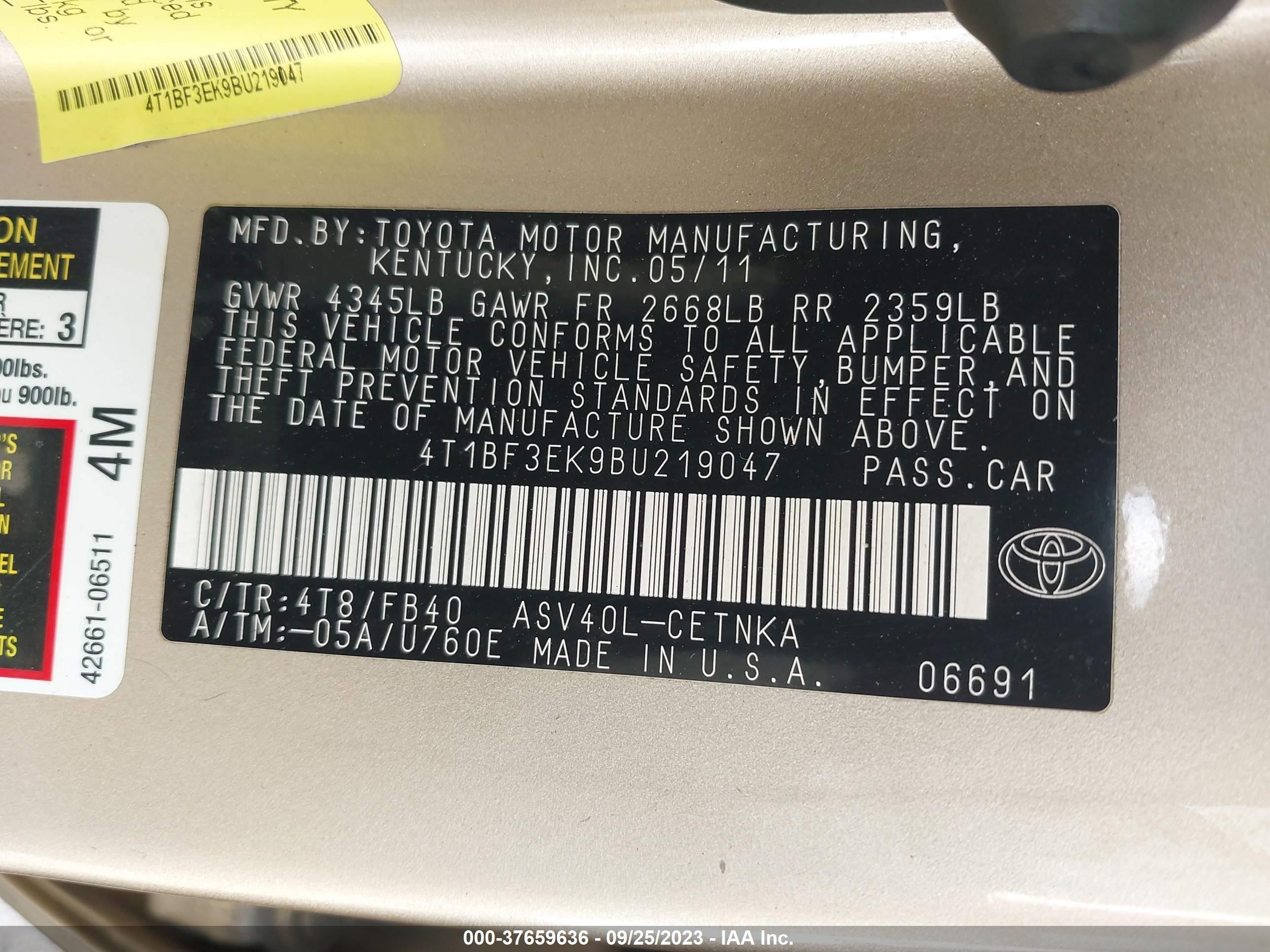 Photo 8 VIN: 4T1BF3EK9BU219047 - TOYOTA CAMRY 