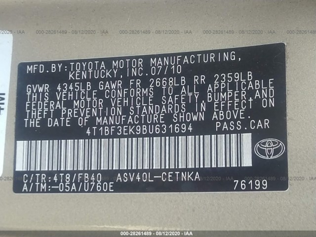 Photo 8 VIN: 4T1BF3EK9BU631694 - TOYOTA CAMRY 