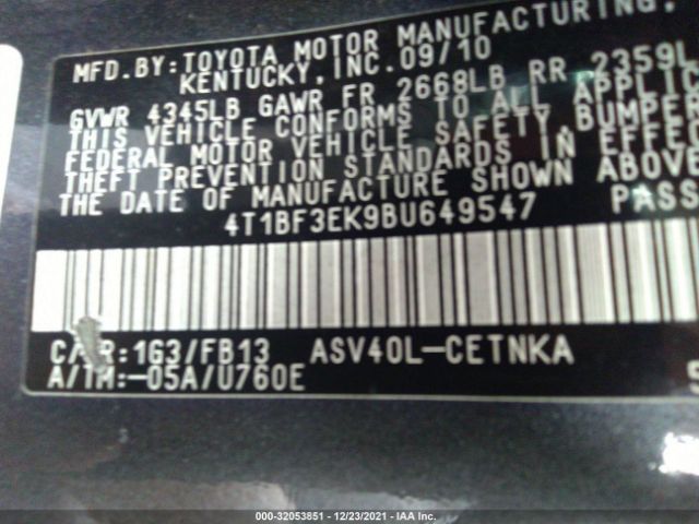 Photo 8 VIN: 4T1BF3EK9BU649547 - TOYOTA CAMRY 