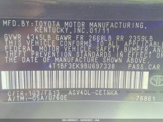 Photo 8 VIN: 4T1BF3EK9BU697338 - TOYOTA CAMRY 