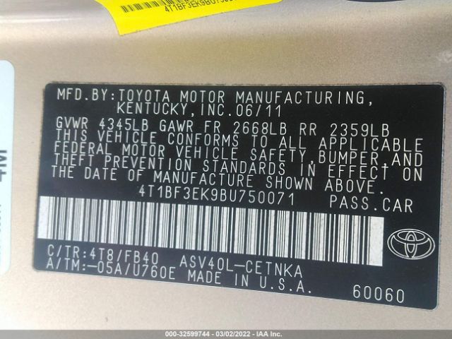 Photo 8 VIN: 4T1BF3EK9BU750071 - TOYOTA CAMRY 