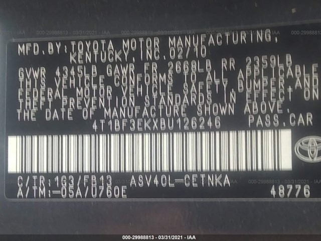 Photo 8 VIN: 4T1BF3EKXBU126246 - TOYOTA CAMRY 