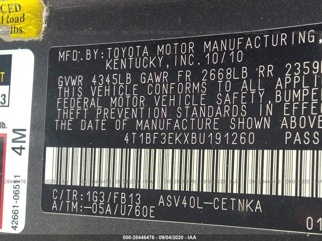 Photo 8 VIN: 4T1BF3EKXBU191260 - TOYOTA CAMRY 