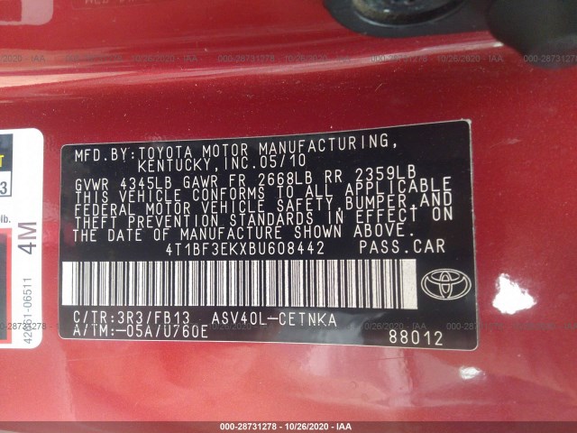 Photo 8 VIN: 4T1BF3EKXBU608442 - TOYOTA CAMRY 