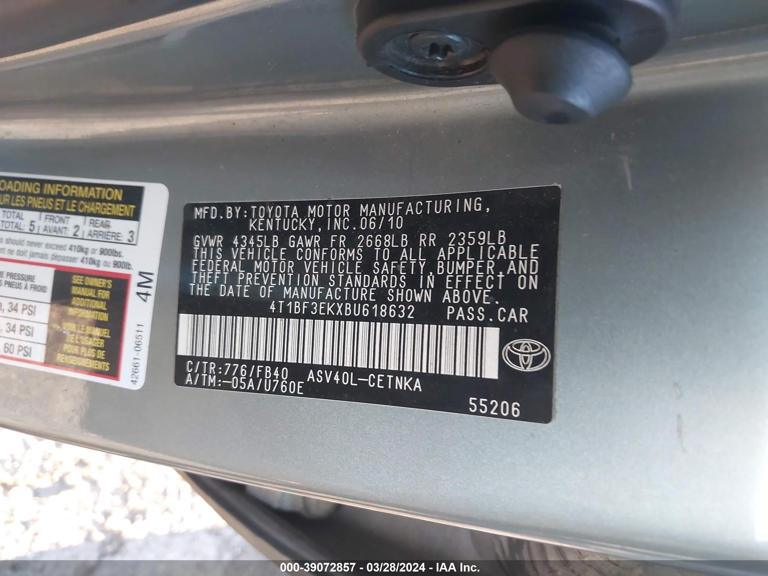 Photo 8 VIN: 4T1BF3EKXBU618632 - TOYOTA CAMRY 