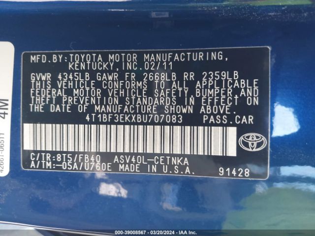 Photo 8 VIN: 4T1BF3EKXBU707083 - TOYOTA CAMRY 