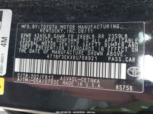 Photo 8 VIN: 4T1BF3EKXBU768921 - TOYOTA CAMRY 