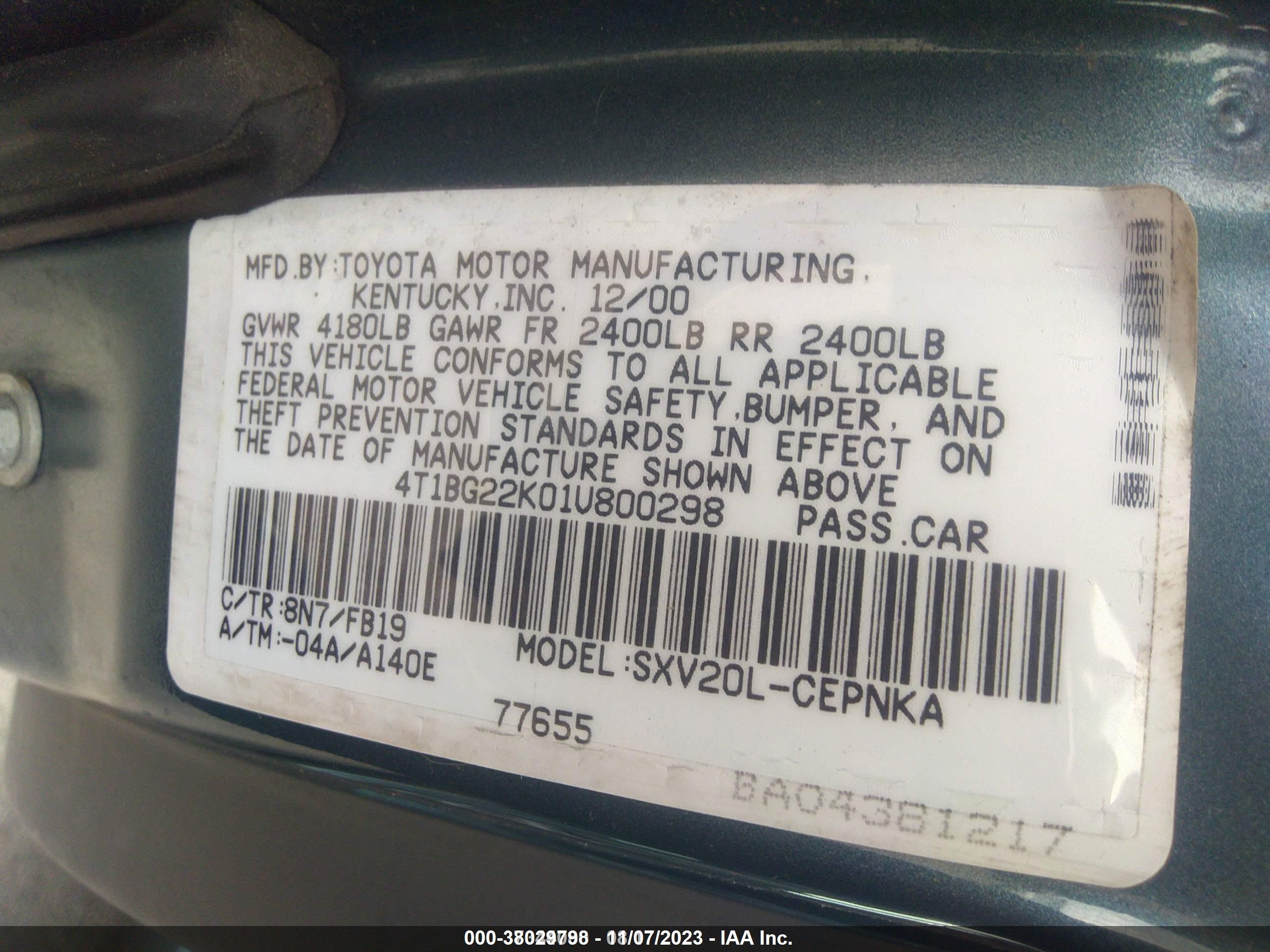 Photo 8 VIN: 4T1BG22K01U800298 - TOYOTA CAMRY 