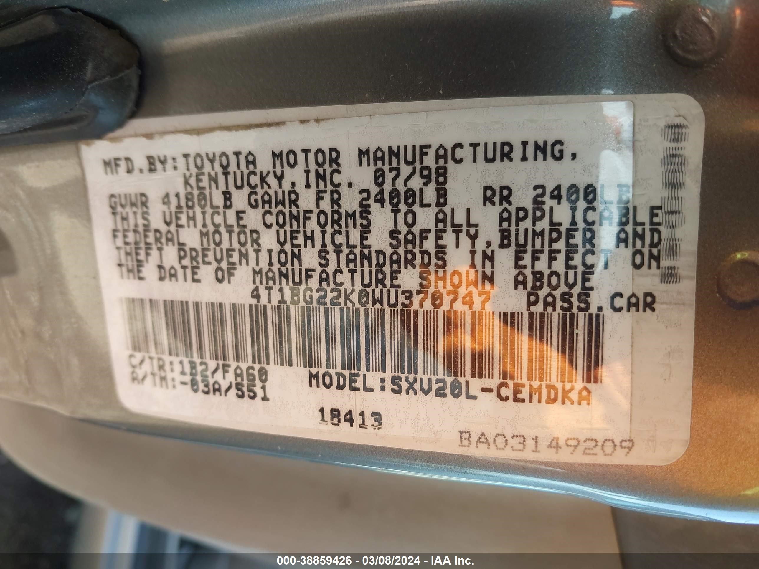 Photo 8 VIN: 4T1BG22K0WU370747 - TOYOTA CAMRY 