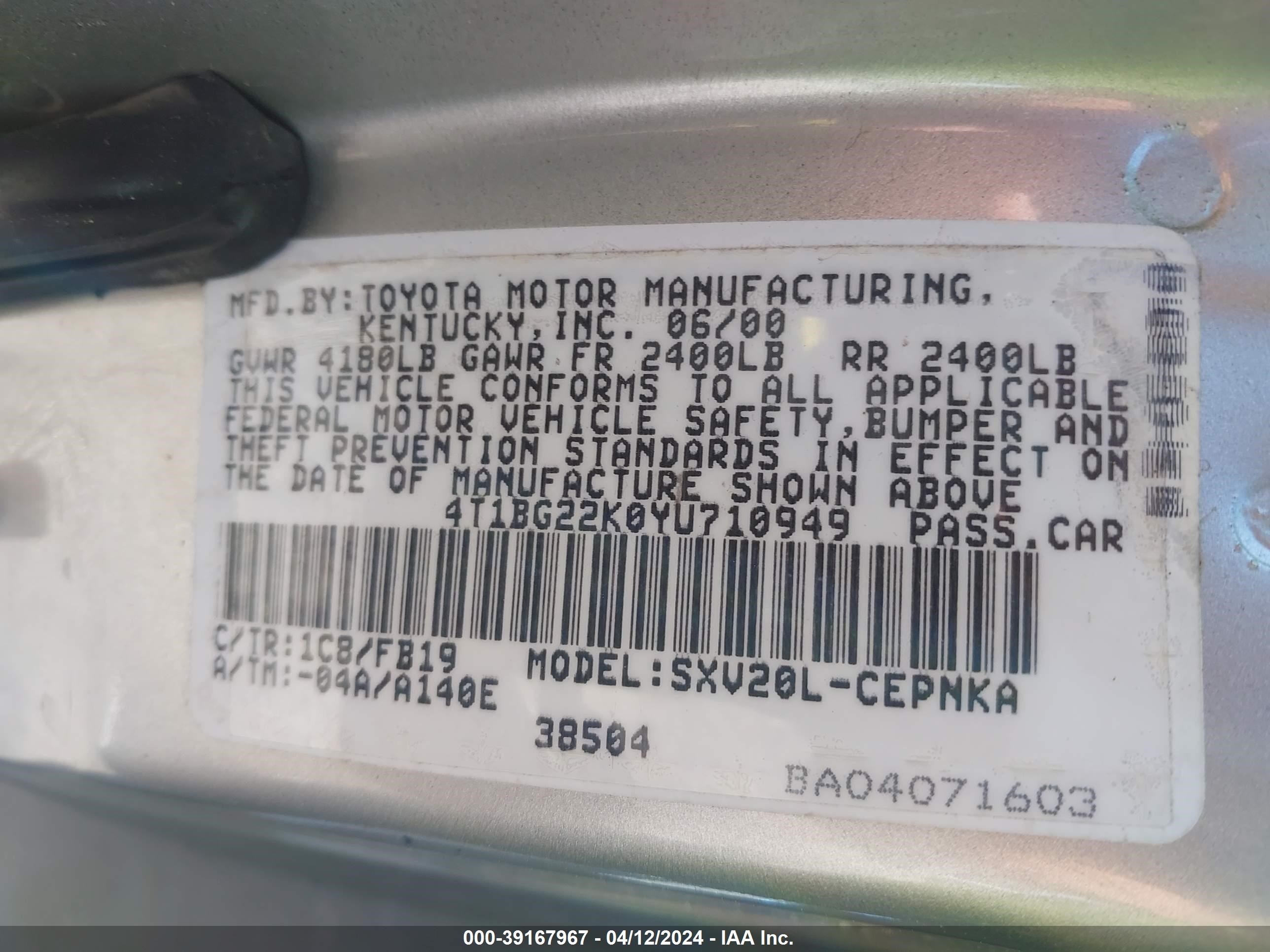 Photo 8 VIN: 4T1BG22K0YU710949 - TOYOTA CAMRY 