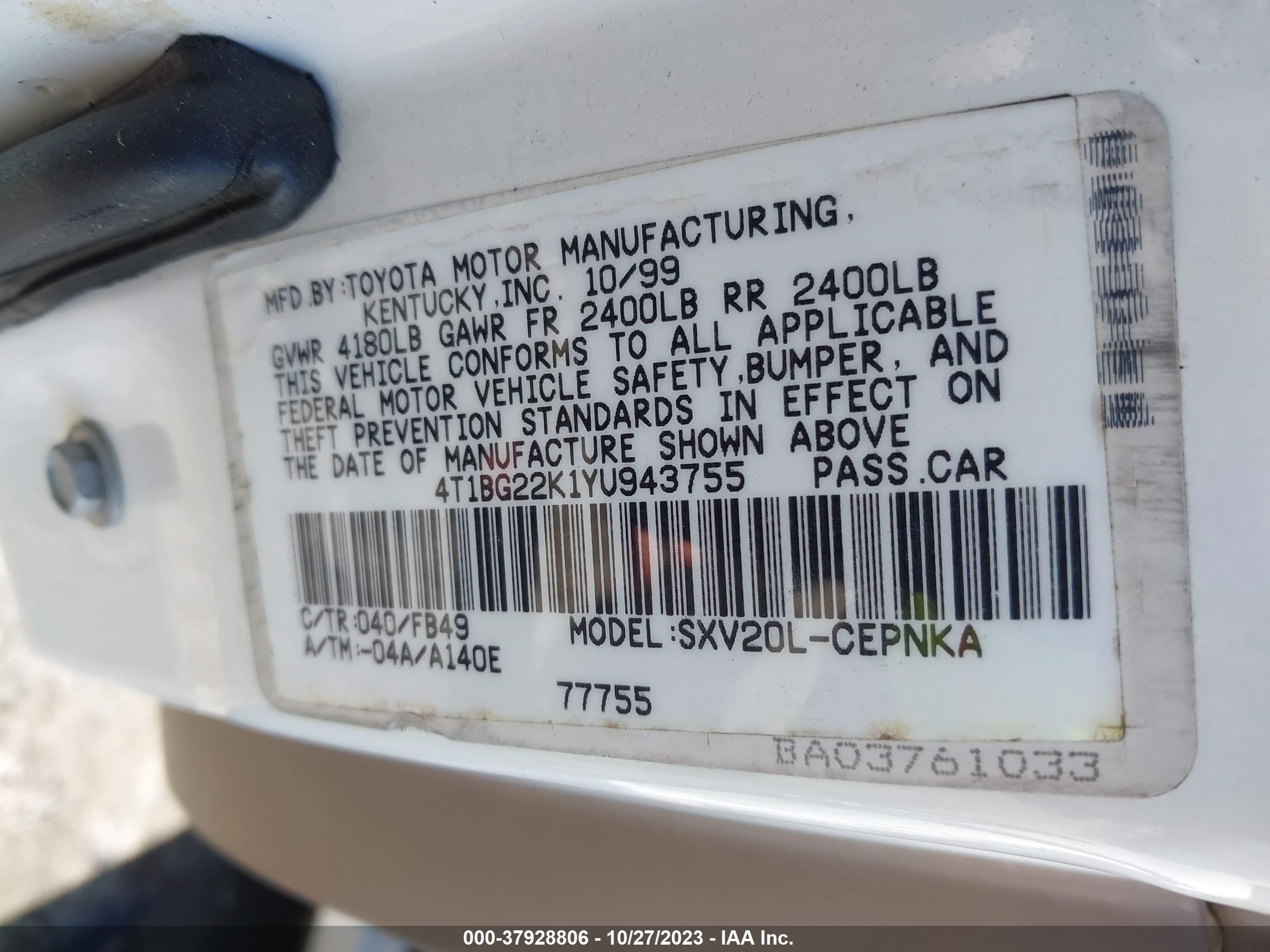 Photo 8 VIN: 4T1BG22K1YU943755 - TOYOTA CAMRY 