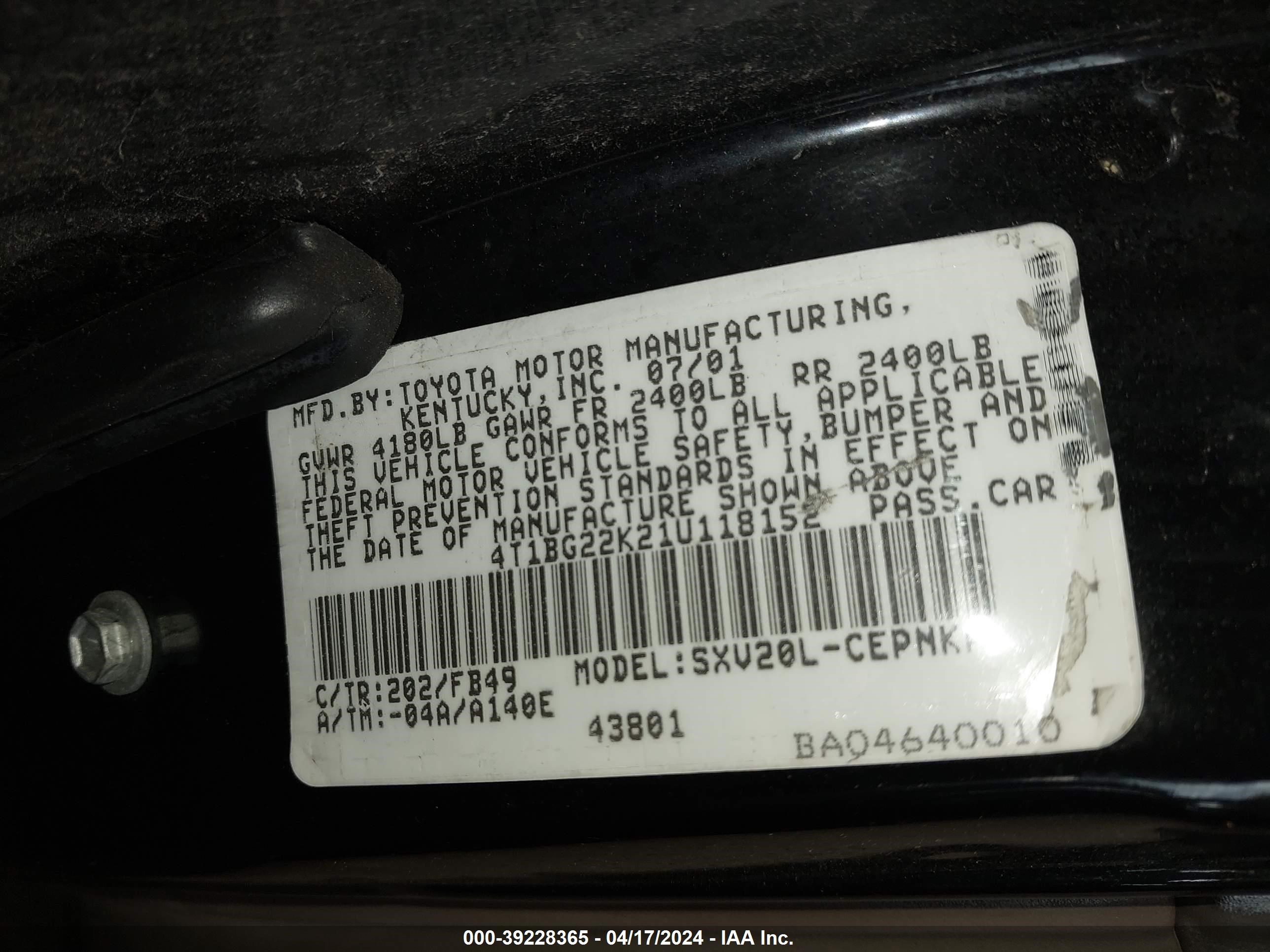 Photo 8 VIN: 4T1BG22K21U118152 - TOYOTA CAMRY 