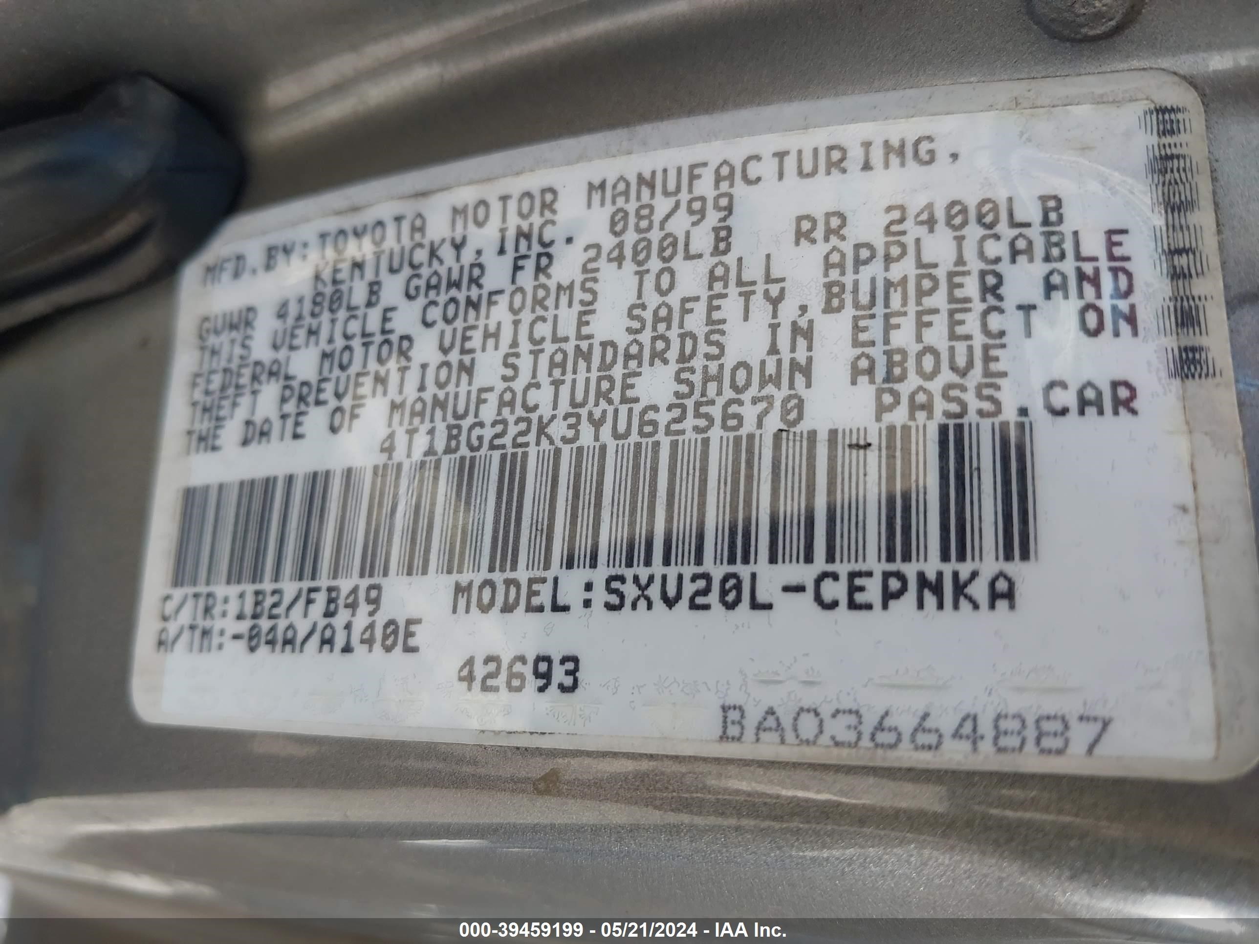 Photo 8 VIN: 4T1BG22K3YU625670 - TOYOTA CAMRY 