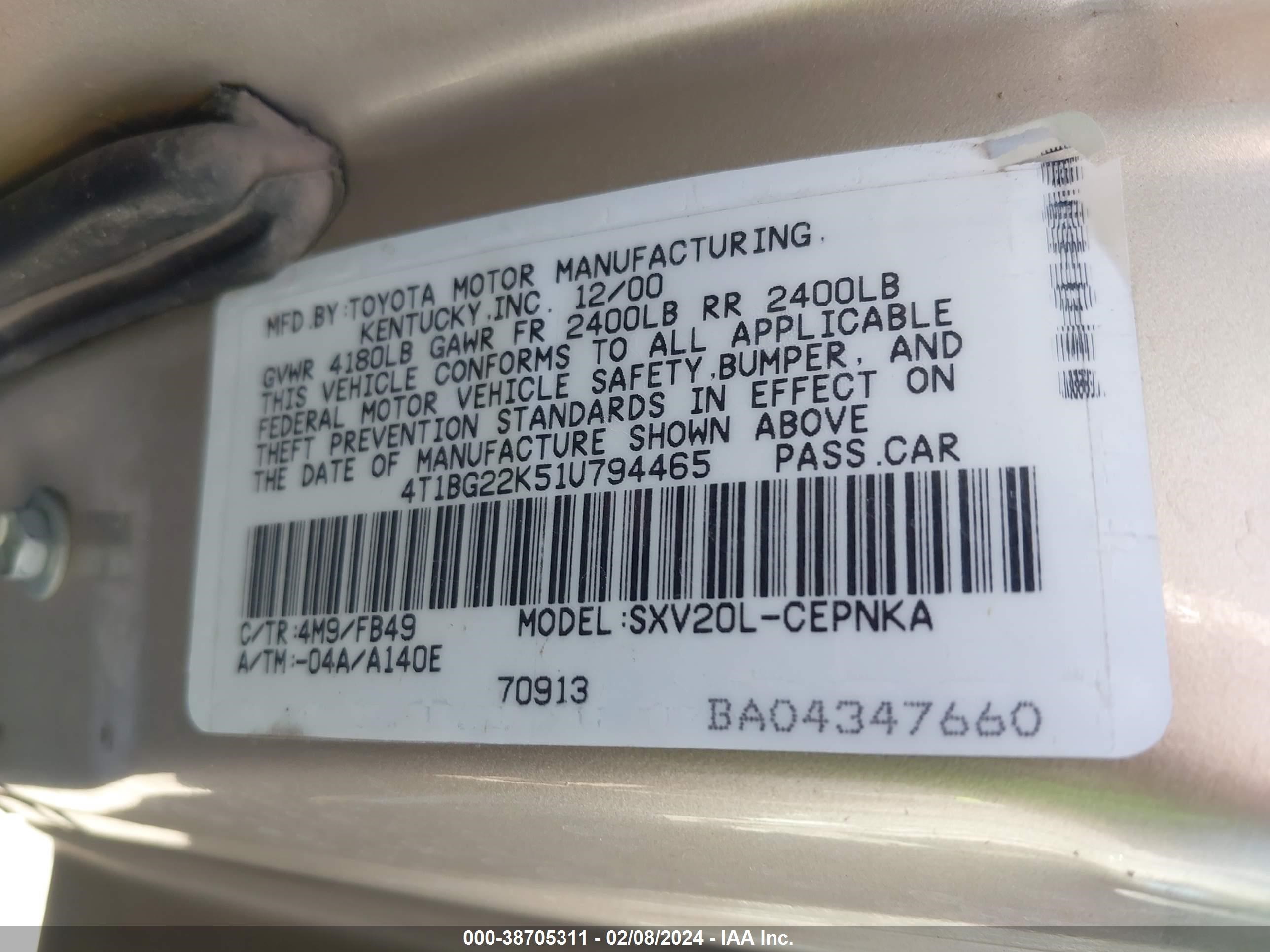 Photo 8 VIN: 4T1BG22K51U794465 - TOYOTA CAMRY 