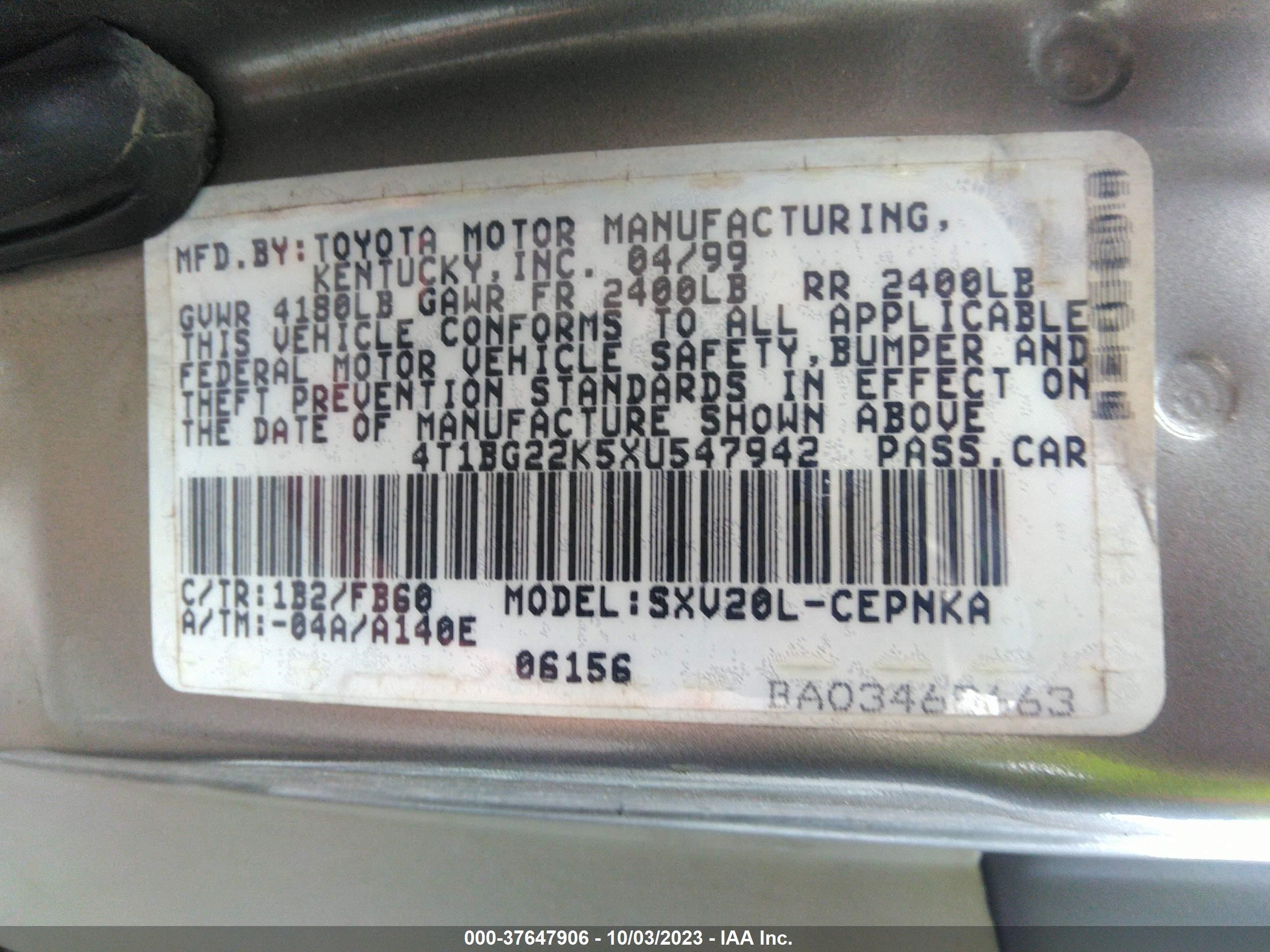 Photo 8 VIN: 4T1BG22K5XU547942 - TOYOTA CAMRY 