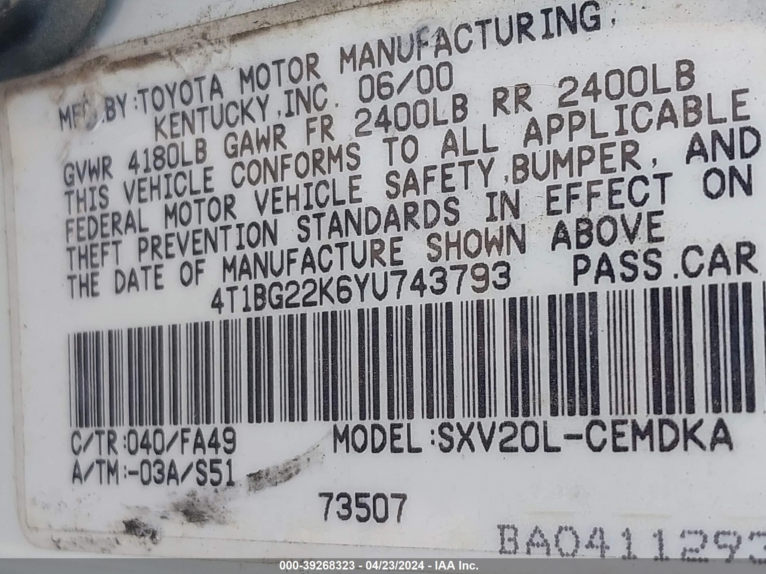 Photo 8 VIN: 4T1BG22K6YU743793 - TOYOTA CAMRY 