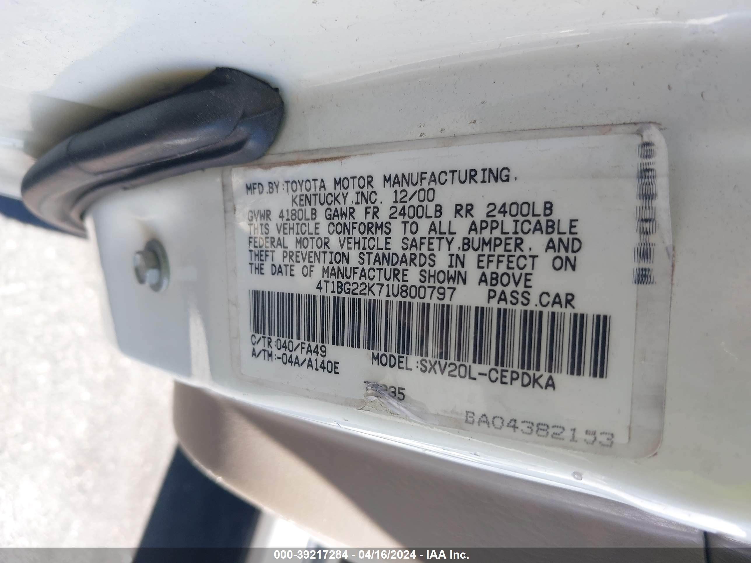 Photo 8 VIN: 4T1BG22K71U800797 - TOYOTA CAMRY 