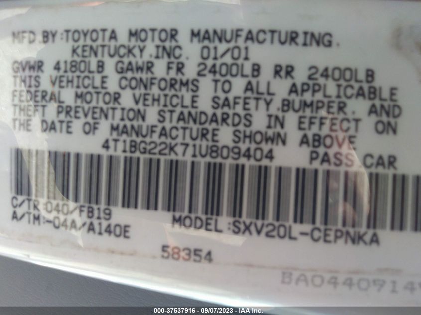 Photo 8 VIN: 4T1BG22K71U809404 - TOYOTA CAMRY 