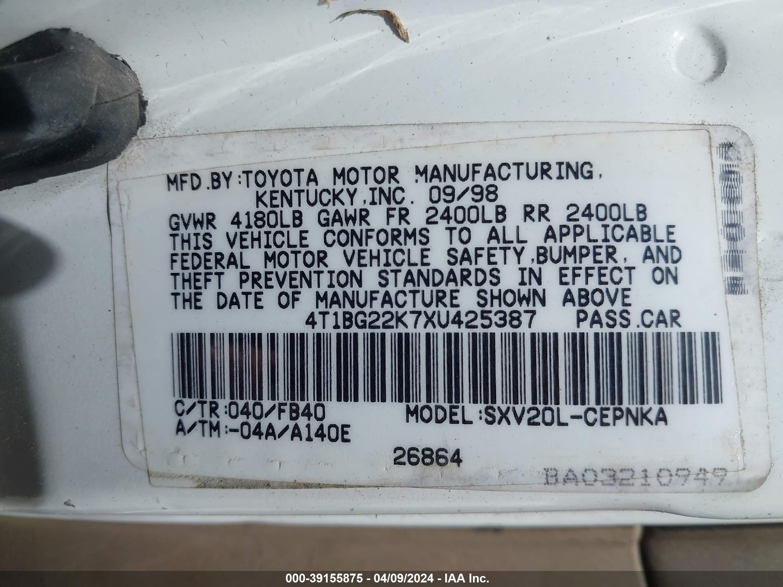 Photo 8 VIN: 4T1BG22K7XU425387 - TOYOTA CAMRY 