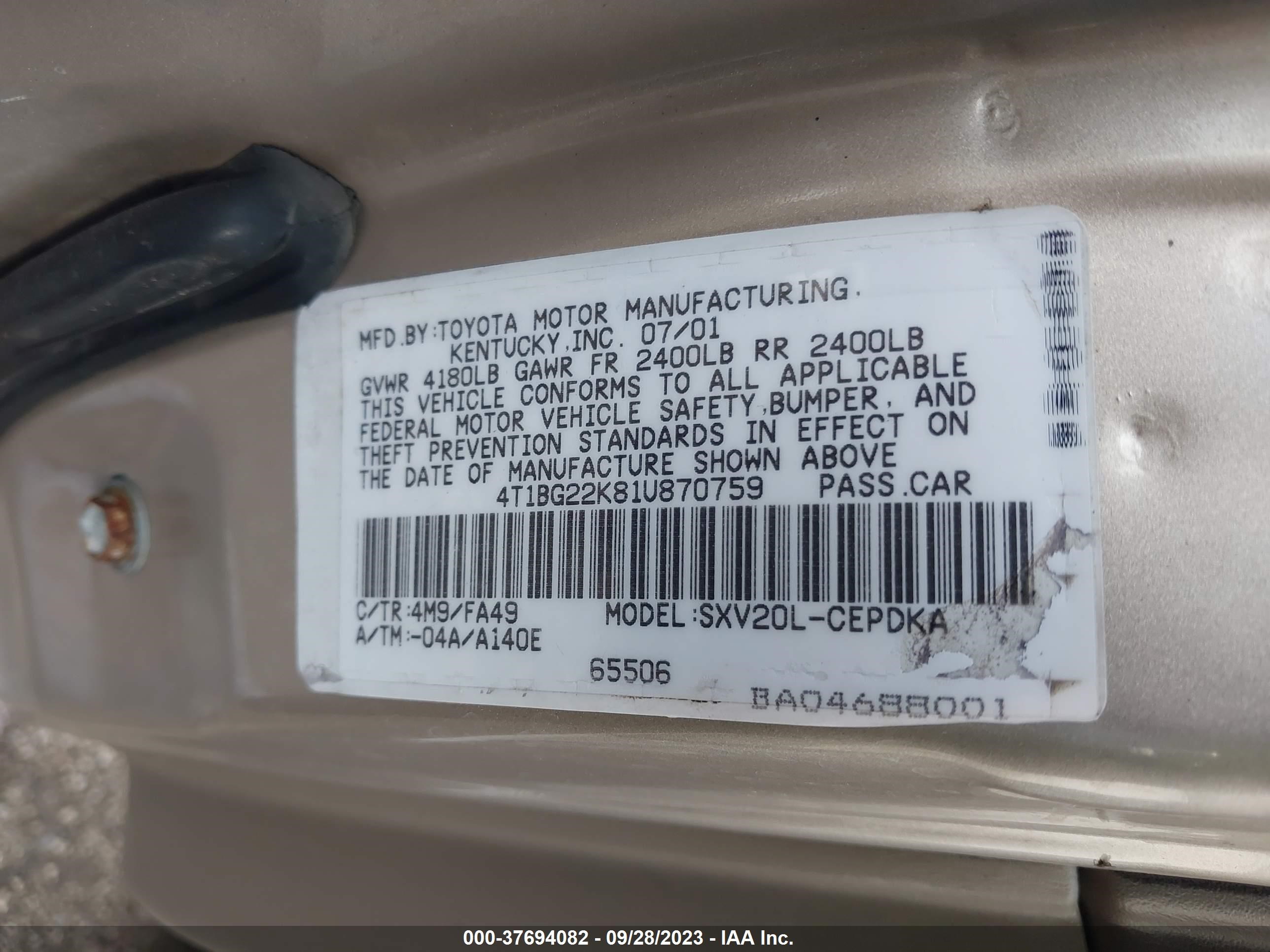 Photo 8 VIN: 4T1BG22K81U870759 - TOYOTA CAMRY 