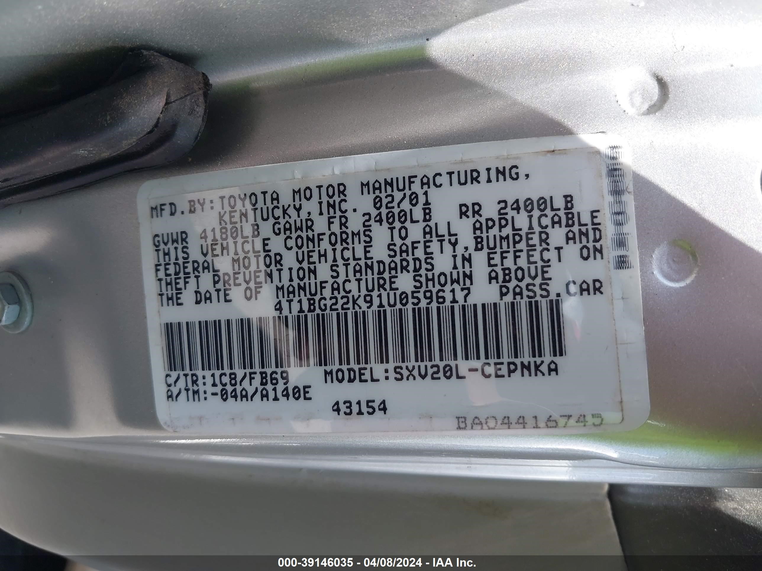 Photo 8 VIN: 4T1BG22K91U059617 - TOYOTA CAMRY 