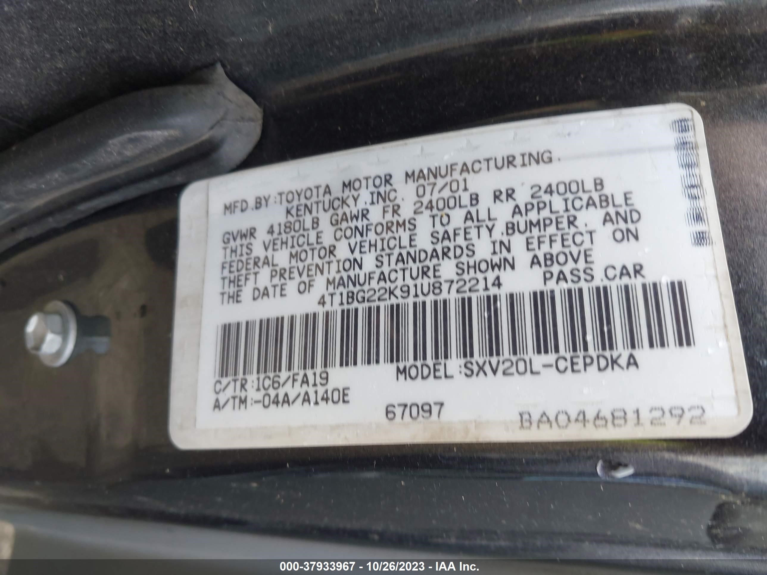 Photo 8 VIN: 4T1BG22K91U872214 - TOYOTA CAMRY 