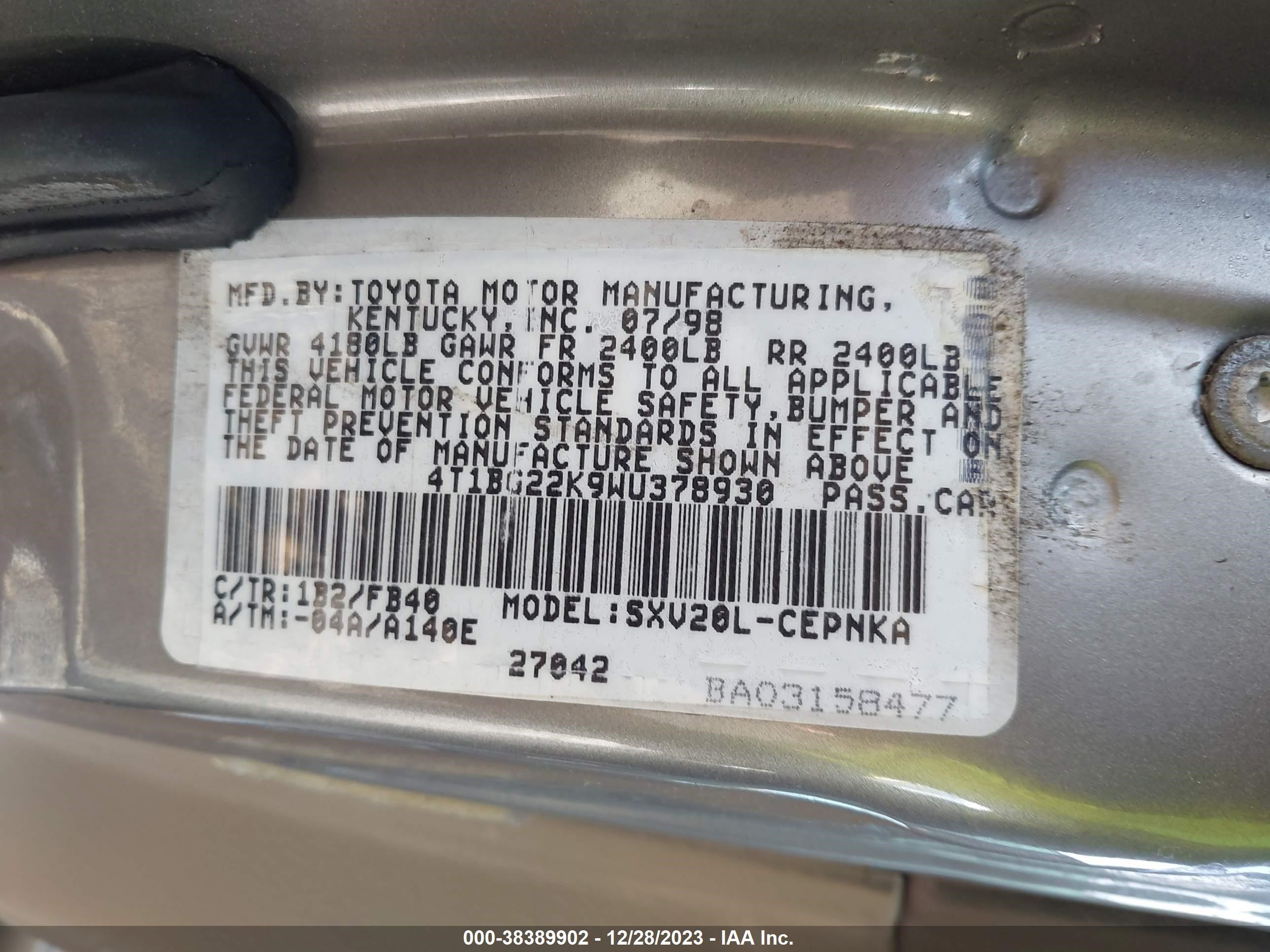 Photo 8 VIN: 4T1BG22K9WU378930 - TOYOTA CAMRY 