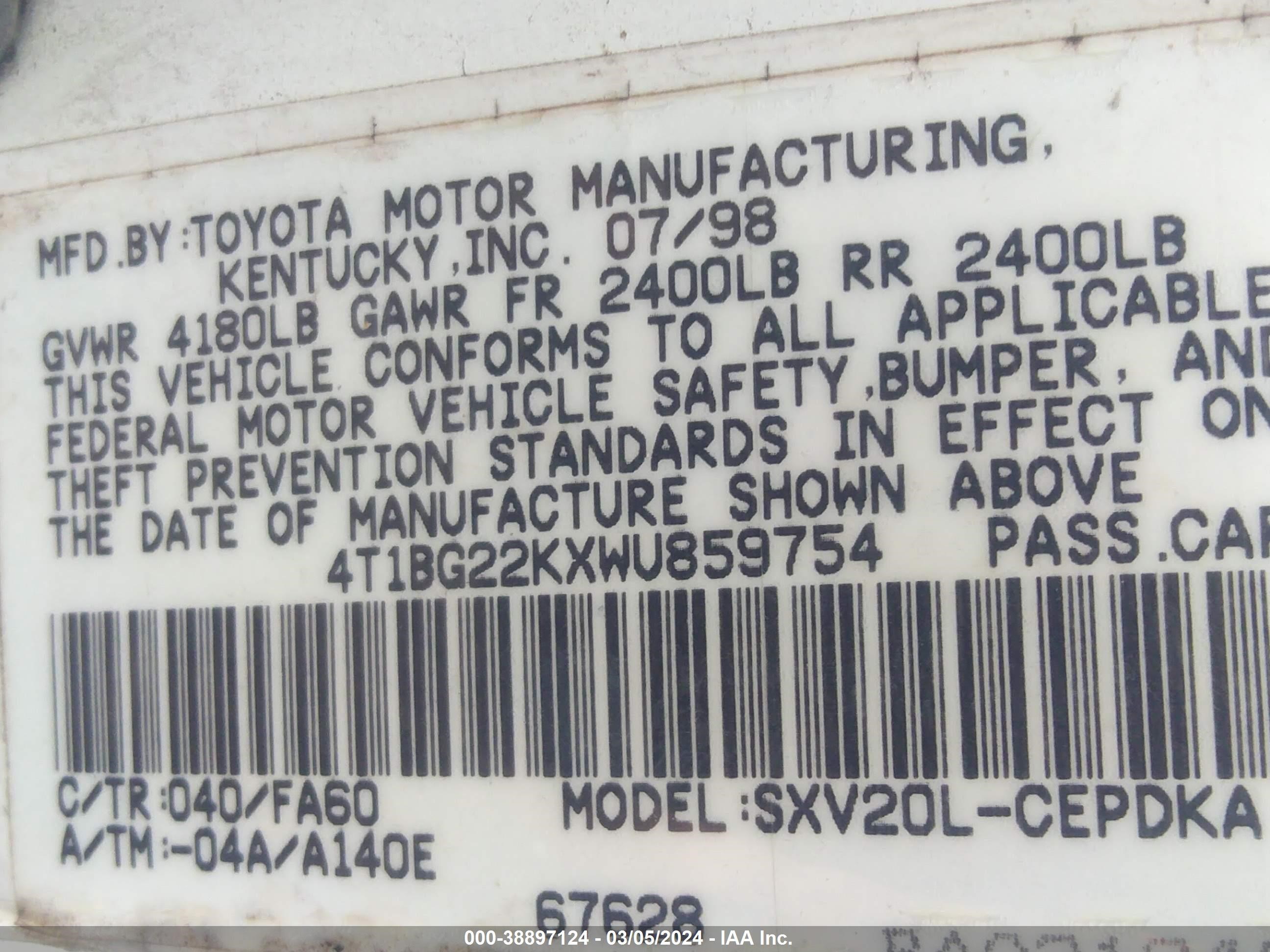 Photo 8 VIN: 4T1BG22KXWU859754 - TOYOTA CAMRY 