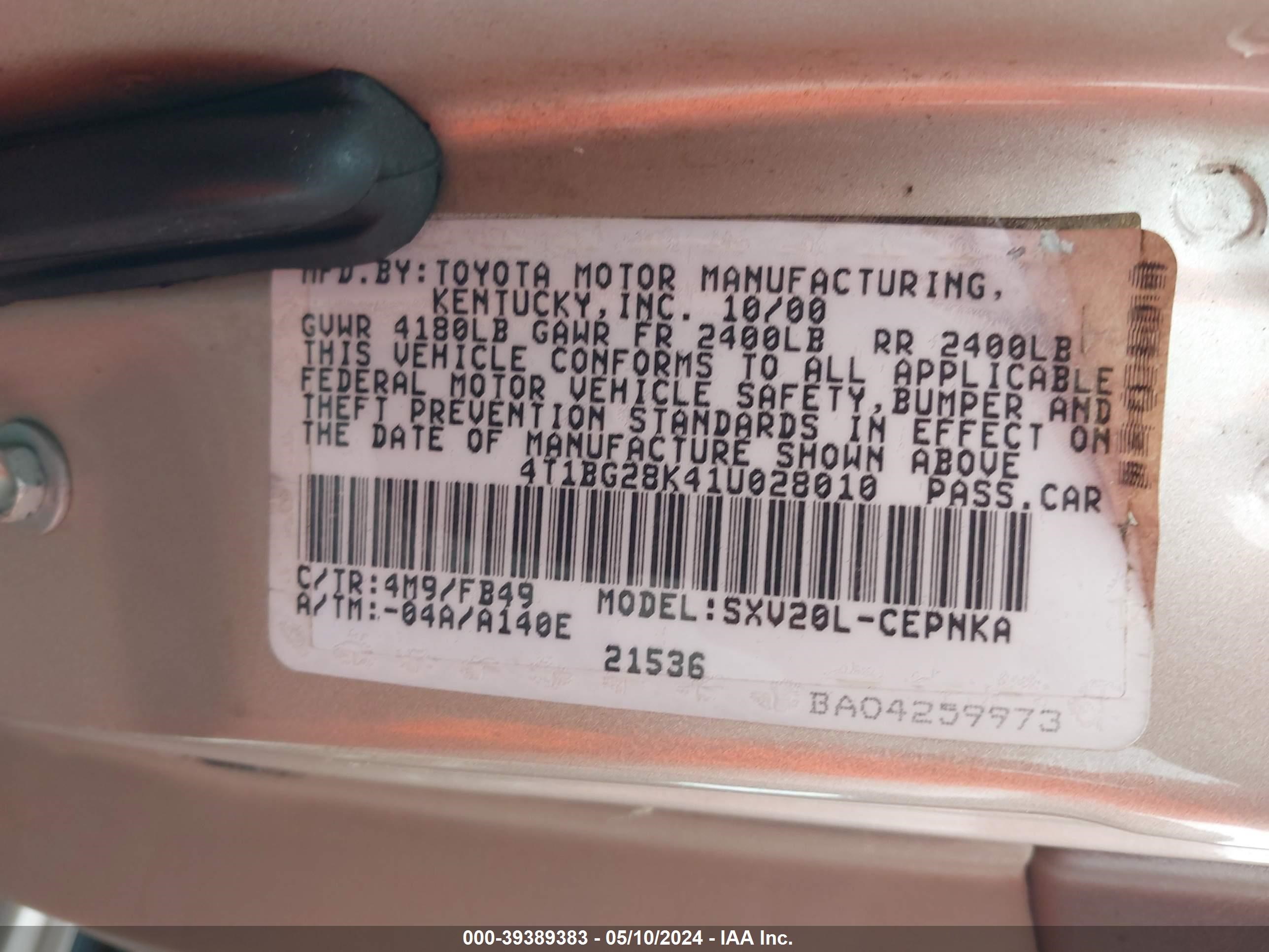 Photo 8 VIN: 4T1BG28K41U028010 - TOYOTA CAMRY 