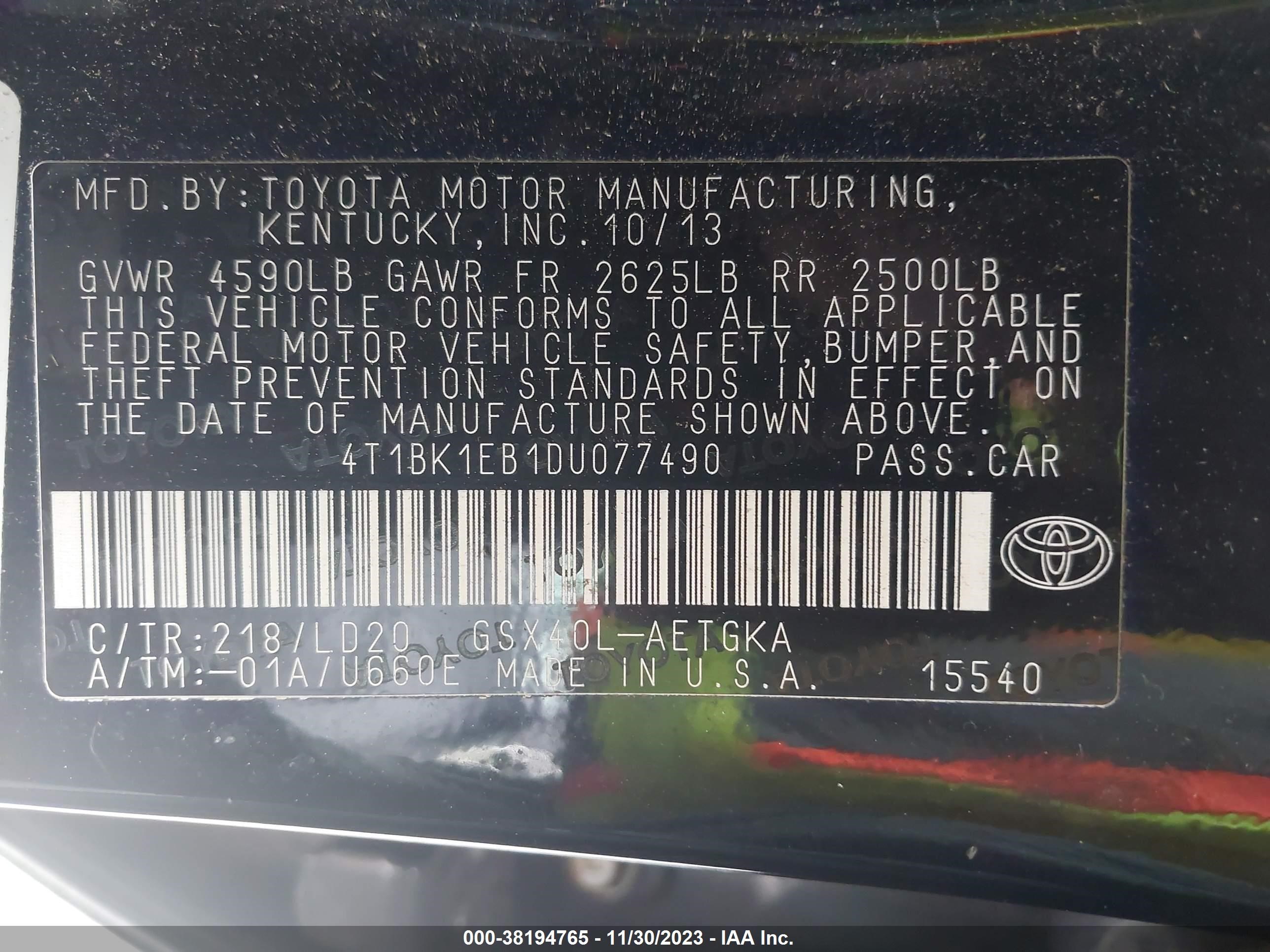 Photo 8 VIN: 4T1BK1EB1DU077490 - TOYOTA AVALON 