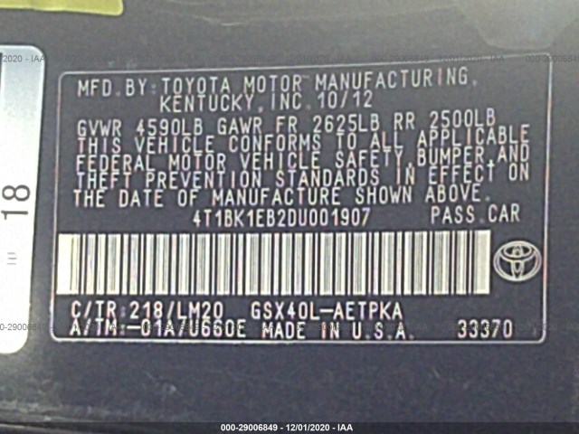 Photo 8 VIN: 4T1BK1EB2DU001907 - TOYOTA AVALON 