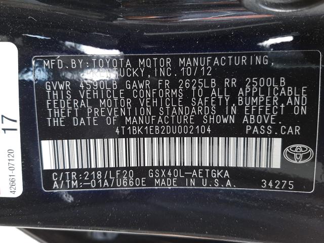 Photo 9 VIN: 4T1BK1EB2DU002104 - TOYOTA AVALON BAS 