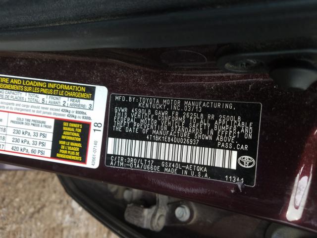 Photo 9 VIN: 4T1BK1EB4DU026937 - TOYOTA AVALON BAS 