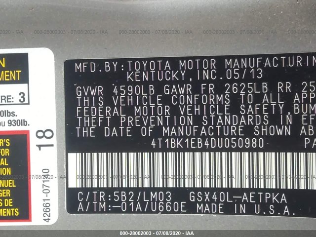 Photo 8 VIN: 4T1BK1EB4DU050980 - TOYOTA AVALON 