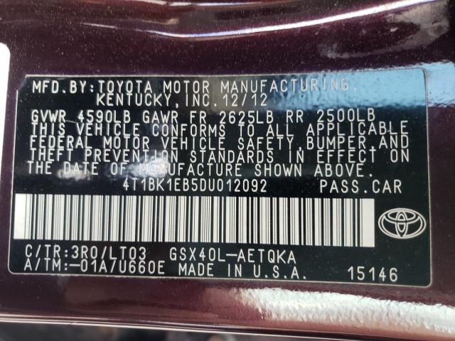 Photo 9 VIN: 4T1BK1EB5DU012092 - TOYOTA AVALON BAS 