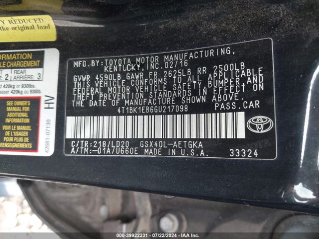 Photo 8 VIN: 4T1BK1EB6GU217098 - TOYOTA AVALON 