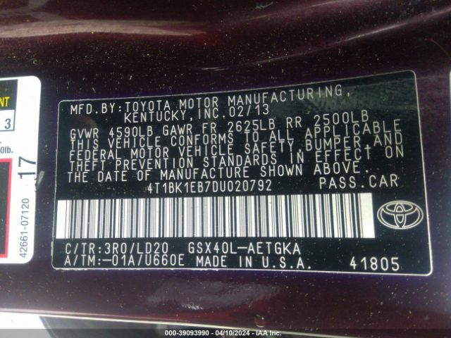 Photo 8 VIN: 4T1BK1EB7DU020792 - TOYOTA AVALON 