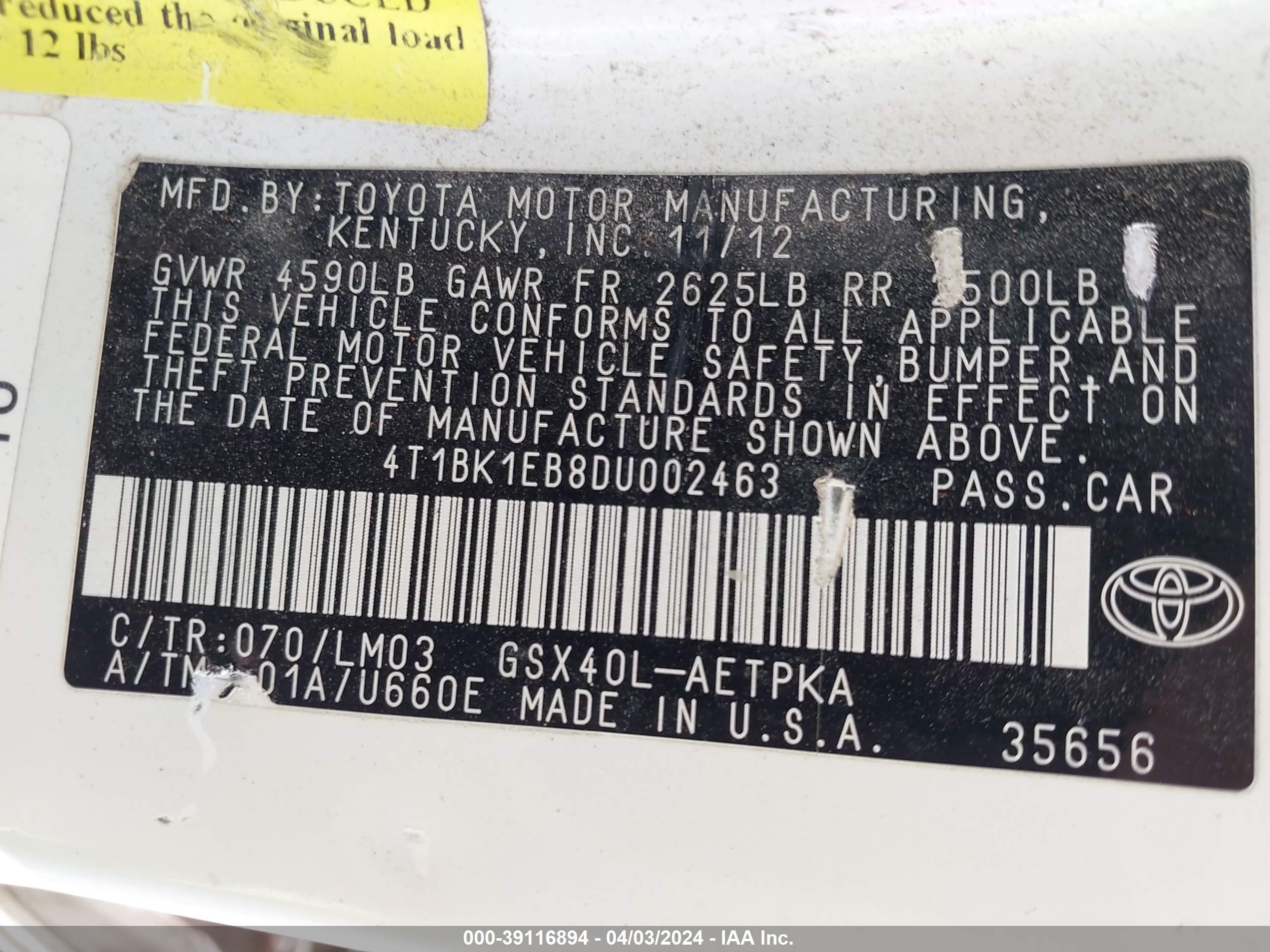 Photo 8 VIN: 4T1BK1EB8DU002463 - TOYOTA AVALON 