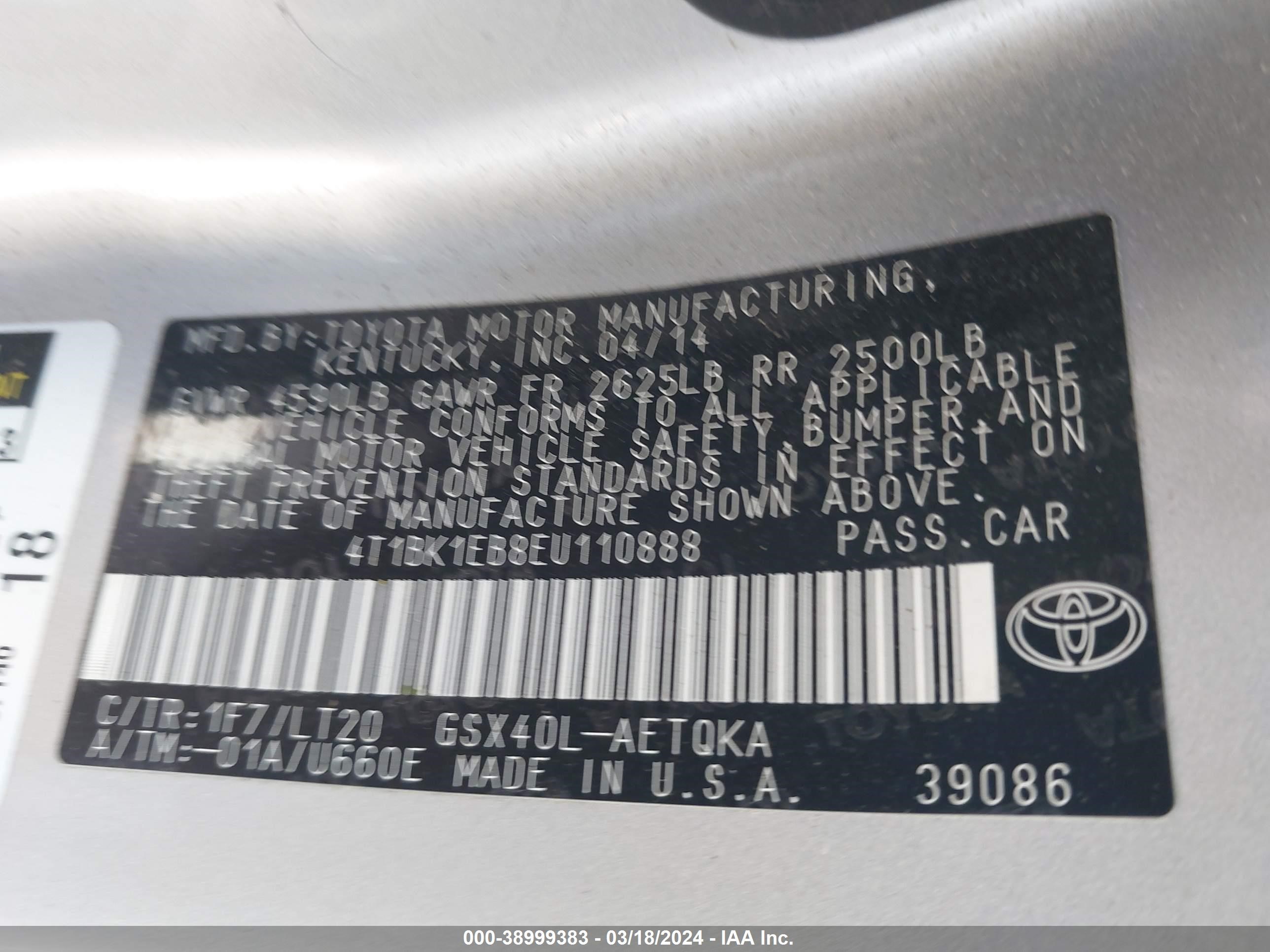 Photo 8 VIN: 4T1BK1EB8EU110888 - TOYOTA AVALON 