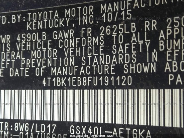 Photo 8 VIN: 4T1BK1EB8FU191120 - TOYOTA AVALON 