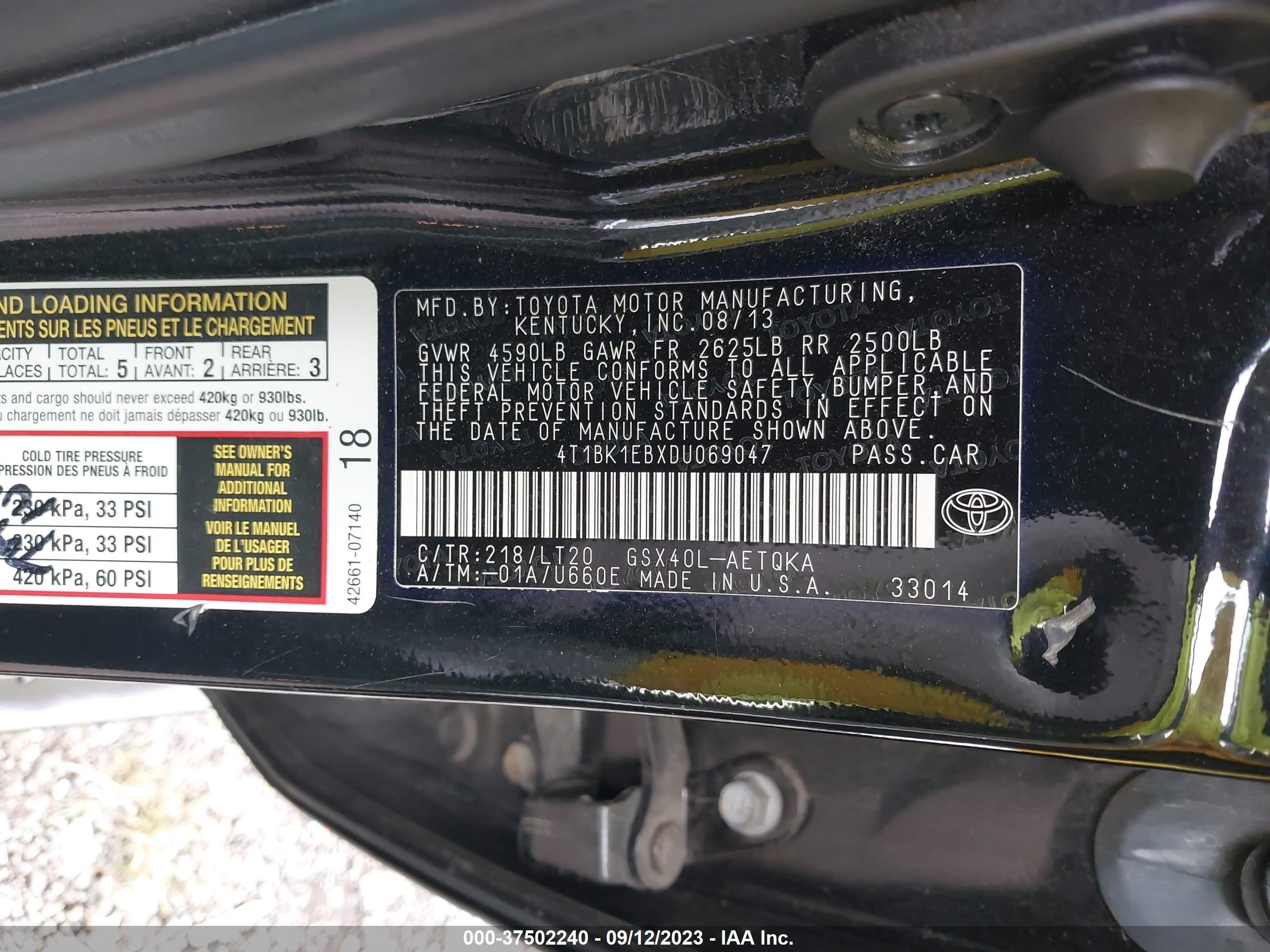 Photo 8 VIN: 4T1BK1EBXDU069047 - TOYOTA AVALON 