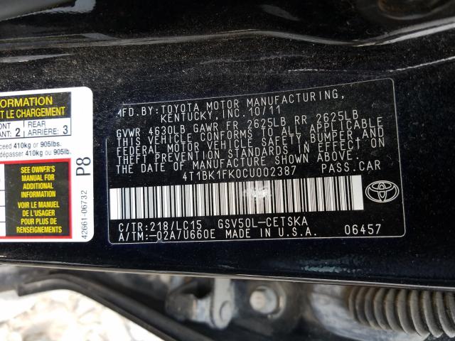 Photo 9 VIN: 4T1BK1FK0CU002387 - TOYOTA CAMRY SE 