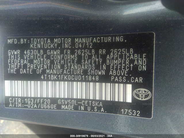 Photo 8 VIN: 4T1BK1FK0CU011848 - TOYOTA CAMRY 