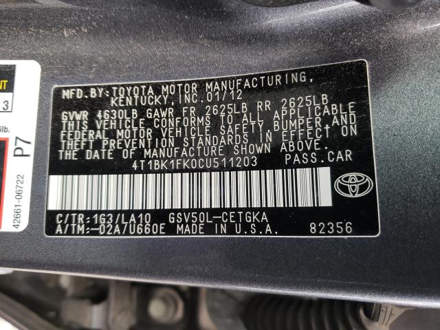 Photo 9 VIN: 4T1BK1FK0CU511203 - TOYOTA CAMRY SE 